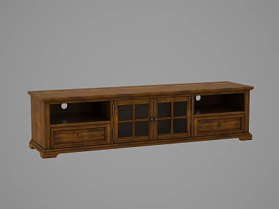 Classic Wooden TV Stand With Glass Doors Drawers And Storage Compartments 3d model