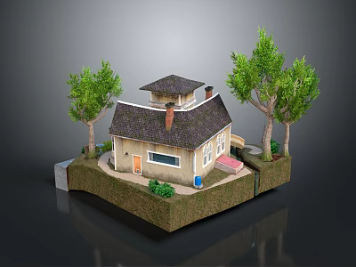 Cartoon Scene Featuring Charming House with Dark Roof Chimney Surrounded by Green Trees and Lawn 3d model