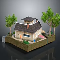 Cartoon Scene Featuring Charming House with Dark Roof Chimney Surrounded by Green Trees and Lawn