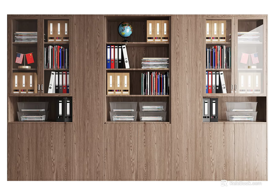 Elegant Modern Wooden Bookcase With Books Binders Globe And Storage Compartments 3d model 