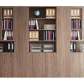 Elegant Modern Wooden Bookcase With Books Binders Globe And Storage Compartments