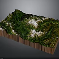 Detailed 3D Topographic Model With Green Mountain Ranges And Snowy Peaks On Wooden Base