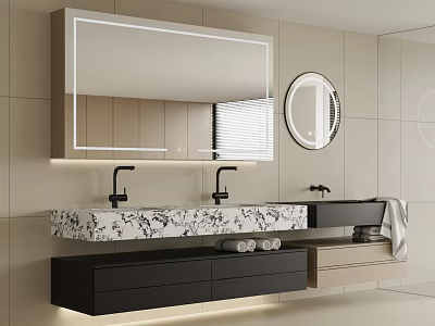 Modern Wall-Mounted Bathroom Vanity With Double Sinks Marble Countertop Drawers Lighted Mirror And Round Mirror 3d model
