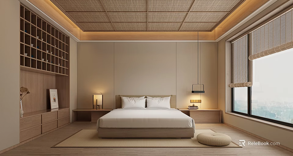 Elegant Minimalist Hotel Guest Room With Woven Bamboo Ceiling Wooden Bookshelf And Tatami Mat 3d model 