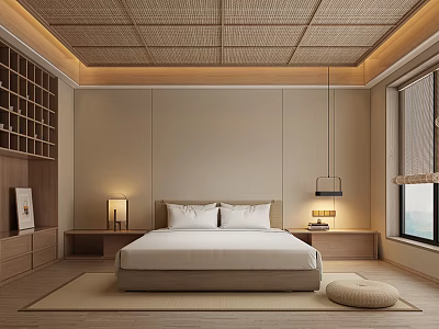 Elegant Minimalist Hotel Guest Room With Woven Bamboo Ceiling Wooden Bookshelf And Tatami Mat 3d model