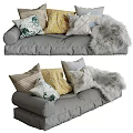 Cozy Gray Sofa With Yellow Beige Patterned Pillows And Soft Fur Throw 3d model