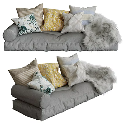 Cozy Gray Sofa With Yellow Beige Patterned Pillows And Soft Fur Throw 3d model