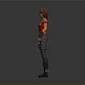 3D Female Character Model With Red Crop Top Yellow Graphic Black Pants And Wrist Guards