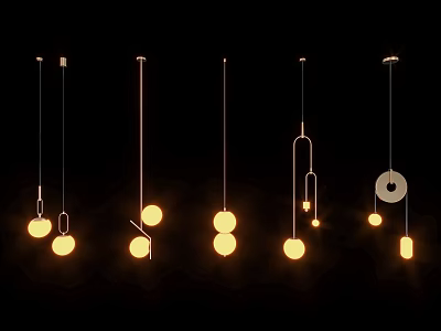 Modern Pendant Lights With Different Designs Illuminating Yellow Light On Black Background 3d model