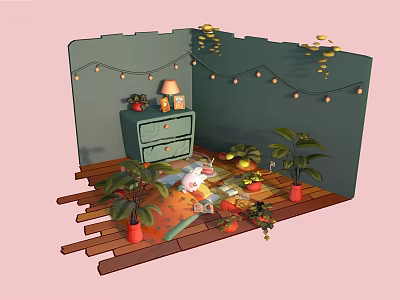Cartoon Room Scene with Green Walls Wooden Floor Potted Plants and Hanging String Lights 3d model