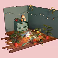 Cartoon Room Scene with Green Walls Wooden Floor Potted Plants and Hanging String Lights