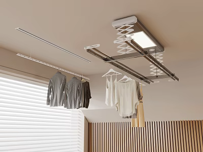 Ceiling Mounted Electric Clothes Drying Rack With Hanging Clothes And Window Blinds 3d model
