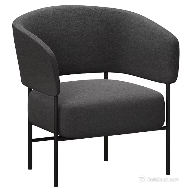 Modern Gray Fabric Leisure Chair With Curved Armrest And Black Metal Legs 3d model 