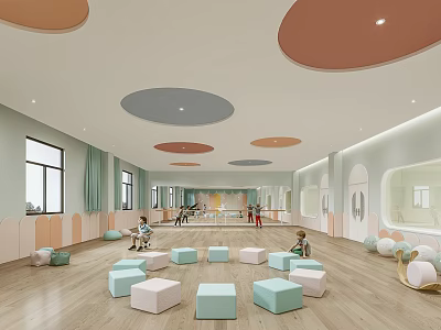 Kids Indoor Fitness Activity Space With Colorful Circular Ceiling And Square Cushions 3d model