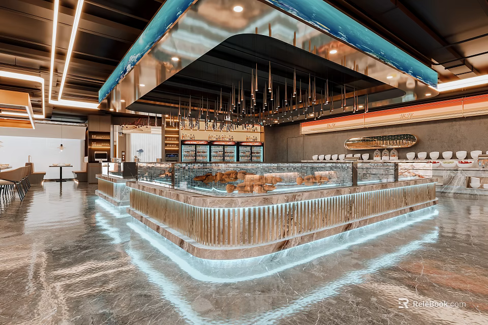 Modern Hot Pot Restaurant Interior With Stylish Lighting And Bar Counter 3d model 