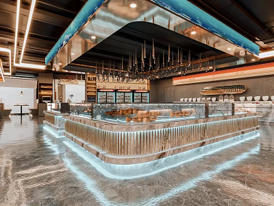 Modern Hot Pot Restaurant Interior With Stylish Lighting And Bar Counter 3d model