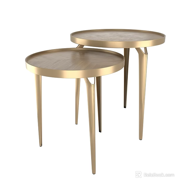 Two Functional Tables With Round Wooden Top And Golden Slender Legs In Modern Style 3d model 