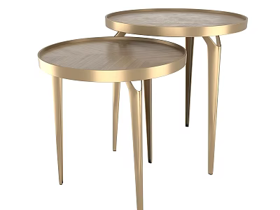 Two Functional Tables With Round Wooden Top And Golden Slender Legs In Modern Style 3d model