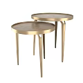Two Functional Tables With Round Wooden Top And Golden Slender Legs In Modern Style