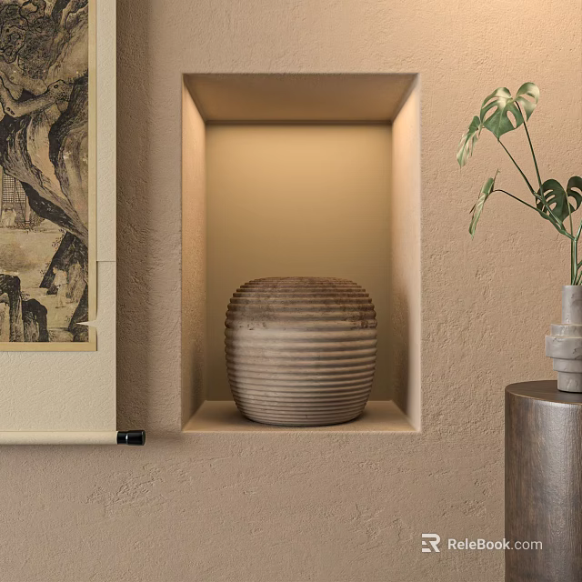 Textured Ceramic Vessel In Recessed Niche With Warm Lighting Near Scroll Painting And Plant 3d model 