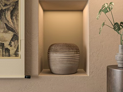 Textured Ceramic Vessel In Recessed Niche With Warm Lighting Near Scroll Painting And Plant 3d model