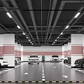 Clean Modern Parking Garage With Ceiling Lights Directional Arrows Columns And Parked Cars