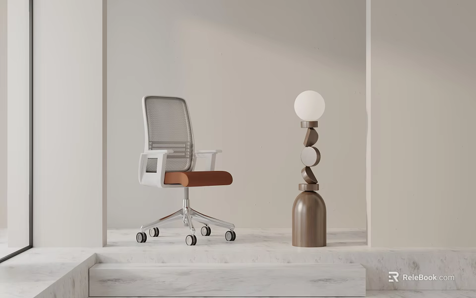 Office Chair with Silver Frame White Backrest Brown Seat in Light Setting with Table Lamp 3d model 