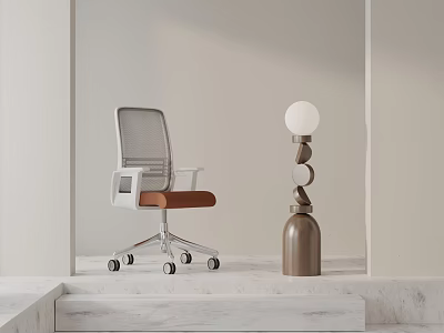 Office Chair with Silver Frame White Backrest Brown Seat in Light Setting with Table Lamp 3d model