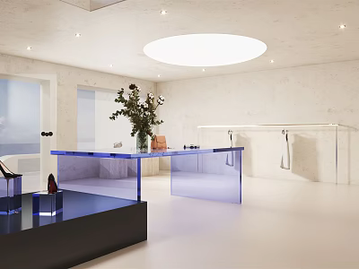 Modern Clothing Store Interior With Blue Display Counters And Floral Decorative Elements 3d model