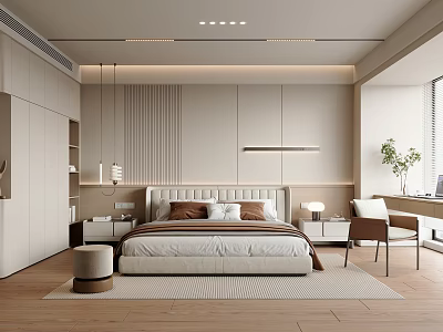 Modern Bedroom Interior With Bed Pillows Nightstands Chair Rug Wardrobe And Pendant Lights 3d model