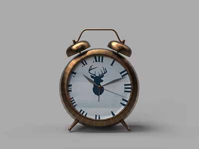 Vintage Alarm Clock With Brass Bells Roman Numerals And Deer Head 3d model