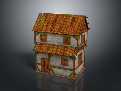 Traditional Two Story House Brown Wooden Roof White Wall Wooden Frame Windows And Door Design 3d model