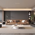 Modern Living Room Interior Design With Brown Sofa White Coffee Table Bookshelf And Green Plant