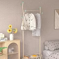 Standing Clothes Rack With White Coat Gray Sweater Beige Bag Blue Hooks In Cozy Bedroom