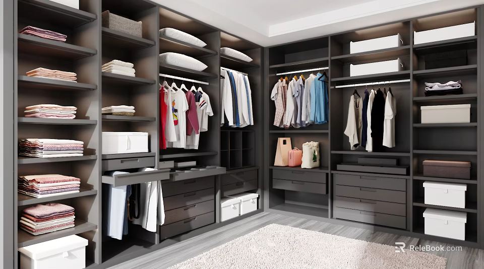 Modern Closet Interior With Shelves Drawers Hanging Clothes Folded Items And Storage Boxes 3d model 