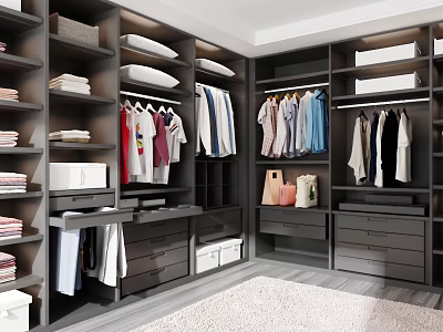 Modern Closet Interior With Shelves Drawers Hanging Clothes Folded Items And Storage Boxes 3d model