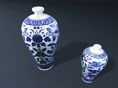 Traditional Blue And White Ceramic Vases With Intricate Floral Patterns On Dark Background 3d model
