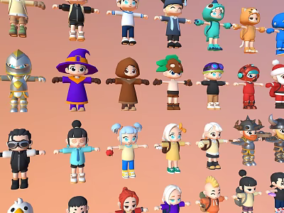 Group of Diverse 3D Cartoon Characters with Various Cute Costumes and Styles 3d model