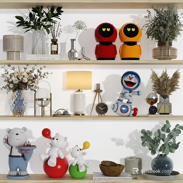 Decorative Ornament Set With Robots Doraemon Bear Dolls Balloons Green Plants Vases Lamp And Clock 3d model 
