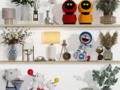 Decorative Ornament Set With Robots Doraemon Bear Dolls Balloons Green Plants Vases Lamp And Clock 3d model