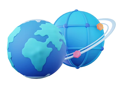 Two Piece Blue Globe Decorative Ornament Set With Green Continents Grid Design And Ring Accents 3d model