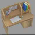 Wooden Home Office Desk With Bookshelf Calendar Open Notebook Pens And Drawer