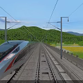 Two Modern High Speed Trains Running on Rail Tracks Through Green Mountains and Flower Fields