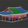 Ancient Architectural Structure With Curved Gray Tile Roof Red Columns Green Decorations