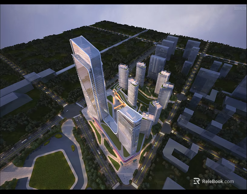 Aerial Planning Of Urban High Rise Buildings With Green Spaces And Road Networks 3d model 