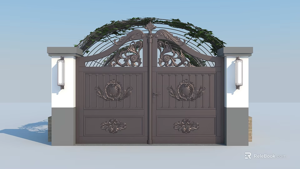 Wrought Iron Entrance Gate with Intricate Carvings Arched Top Green Foliage and Side Lanterns Design 3d model 