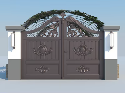 Wrought Iron Entrance Gate with Intricate Carvings Arched Top Green Foliage and Side Lanterns Design 3d model