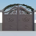 Wrought Iron Entrance Gate with Intricate Carvings Arched Top Green Foliage and Side Lanterns Design