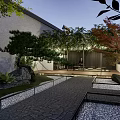 Traditional Garden Landscape Design With Colorful Trees Pathway And Seating Area