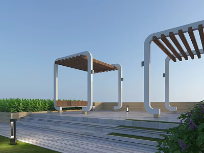 Modern Pergola Design With Wooden Lattice Roof White Frame Bench Green Plants Lawn And Clear Sky 3d model